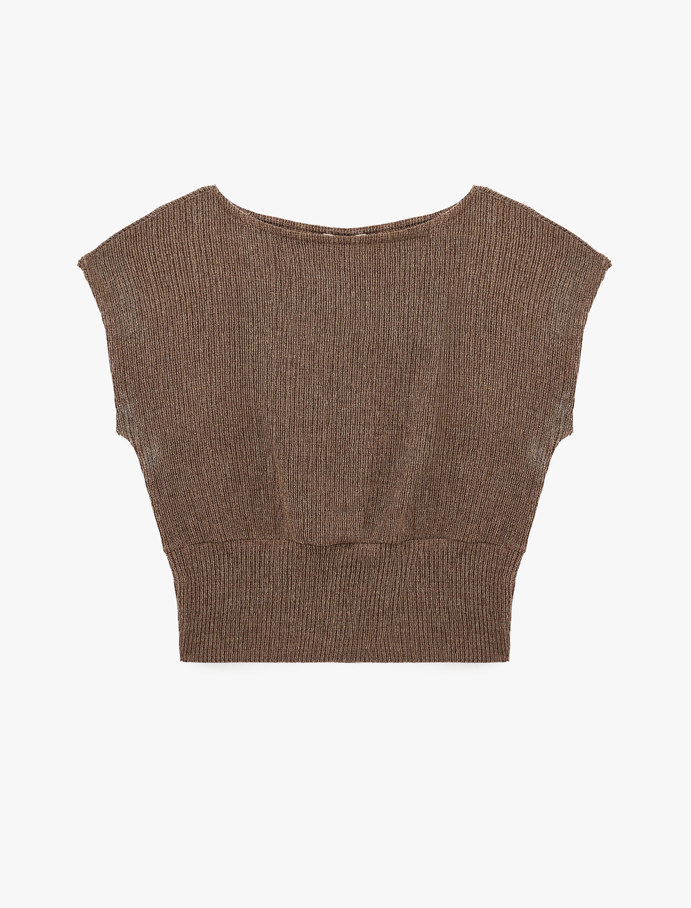   Viskon Karışımlı Bürümcük Bisiklet Yaka Kısa Kollu Crop Bluz