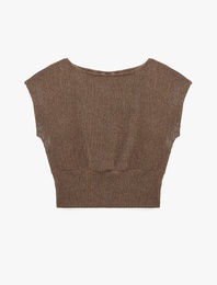 Viskon Karışımlı Bürümcük Bisiklet Yaka Kısa Kollu Crop Bluz