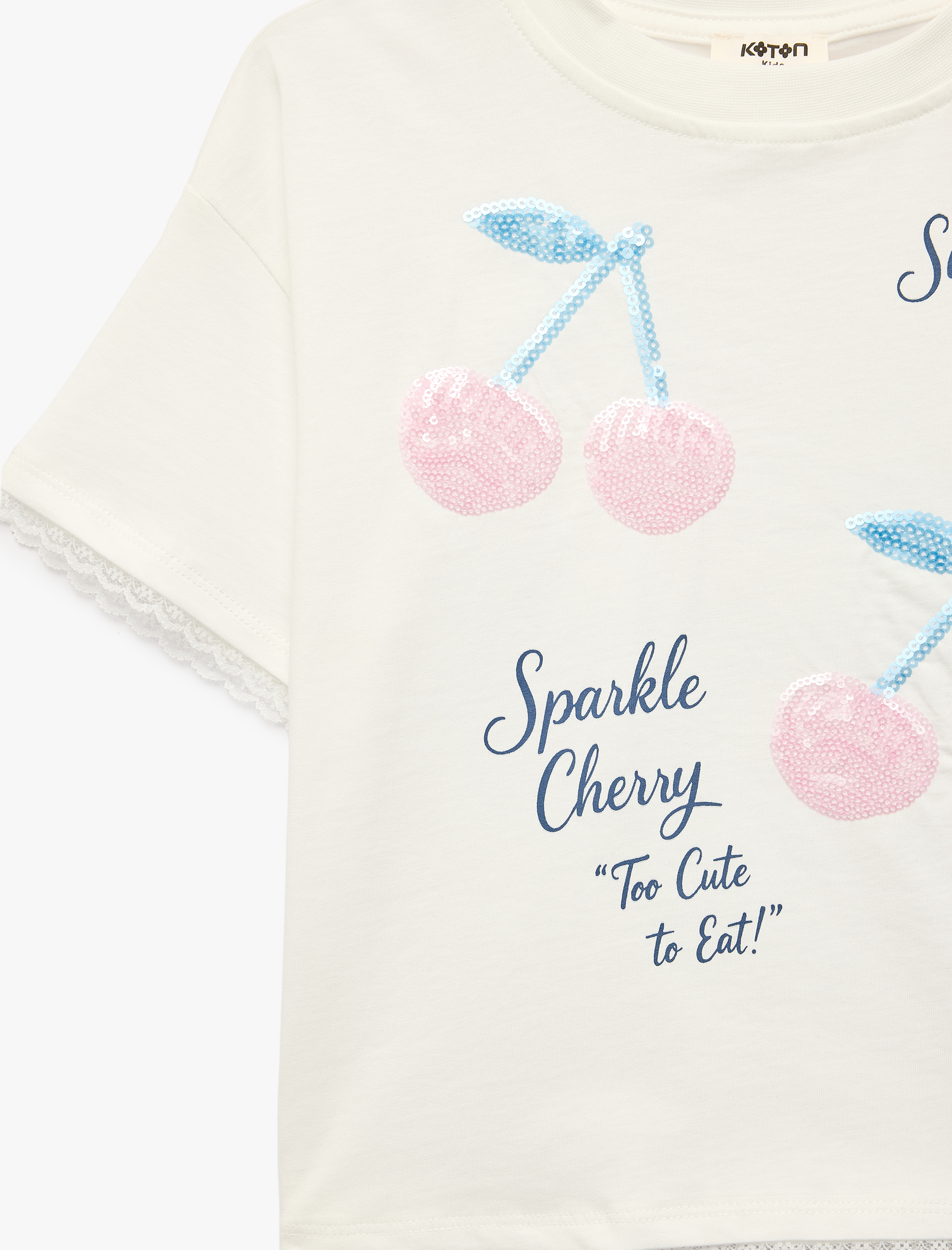  Kız Çocuk Pamuklu Kısa Kollu Bisiklet Yaka Kiraz Baskılı Pullu Payetli Tişört