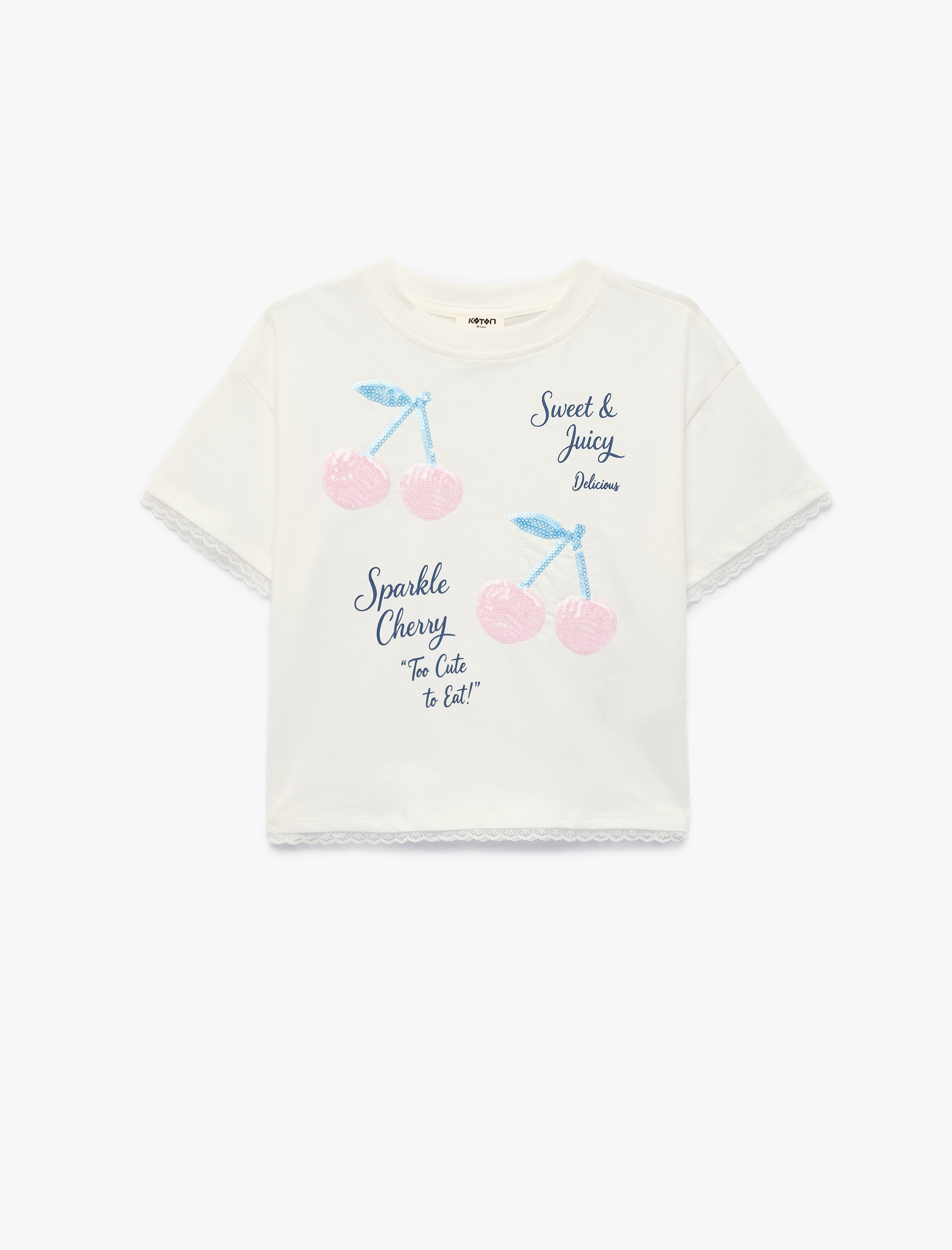  Kız Çocuk Pamuklu Kısa Kollu Bisiklet Yaka Kiraz Baskılı Pullu Payetli Tişört