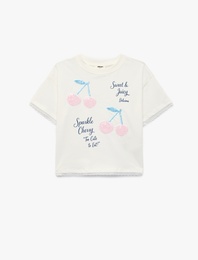 Pamuklu Kısa Kollu Bisiklet Yaka Kiraz Baskılı Pullu Payetli Tişört