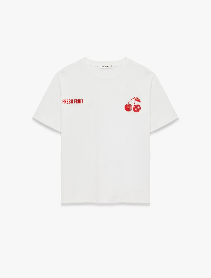  Pamuklu Rahat Kalıp Kısa Kollu Bisiklet Yaka Kiraz Baskılı Tişört