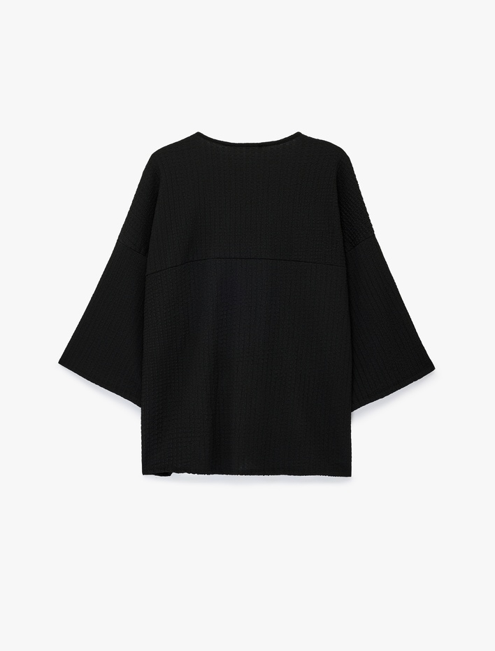  Bürümcük Kumaş Geniş Uzun Kollu Bağlama Detaylı Dokulu Kimono