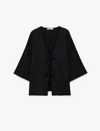 Bürümcük Kumaş Geniş Uzun Kollu Bağlama Detaylı Dokulu Kimono