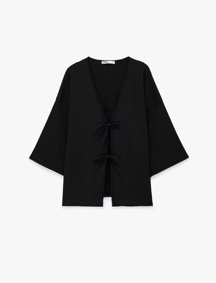  Bürümcük Kumaş Geniş Uzun Kollu Bağlama Detaylı Dokulu Kimono