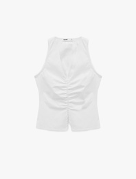 Pamuklu Slim Fit Yırtmaçlı V Yaka Kolsuz Drapeli Bluz