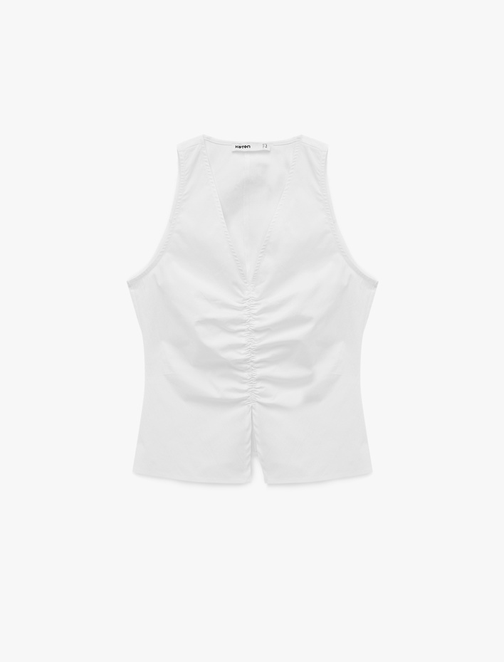  Pamuklu Slim Fit Yırtmaçlı V Yaka Kolsuz Drapeli Bluz