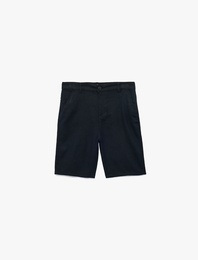 Düğmeli Keten ve Viskon Karışımlı Cepli Bermuda Şort