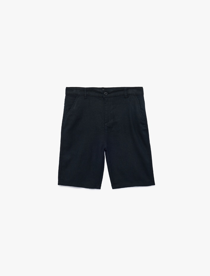 Erkek Çocuk Düğmeli Keten ve Viskon Karışımlı Cepli Bermuda Şort