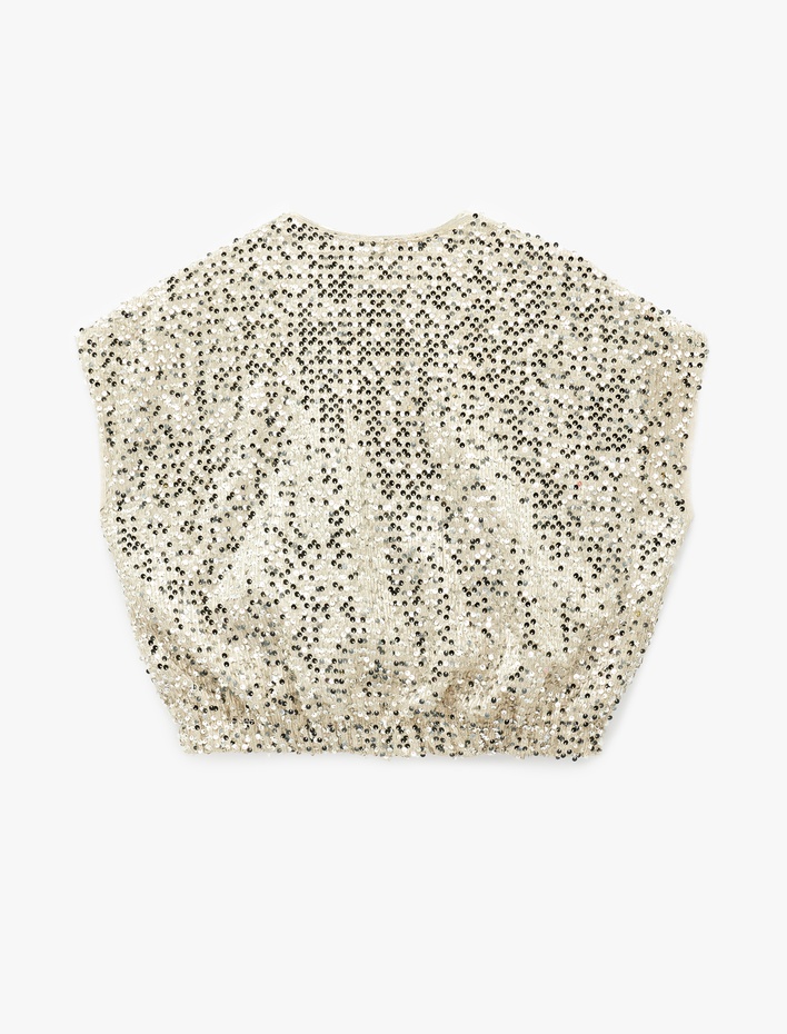  Yuvarlak Yaka Kolsuz Fermuarlı Pul Payetli Bomber Yelek