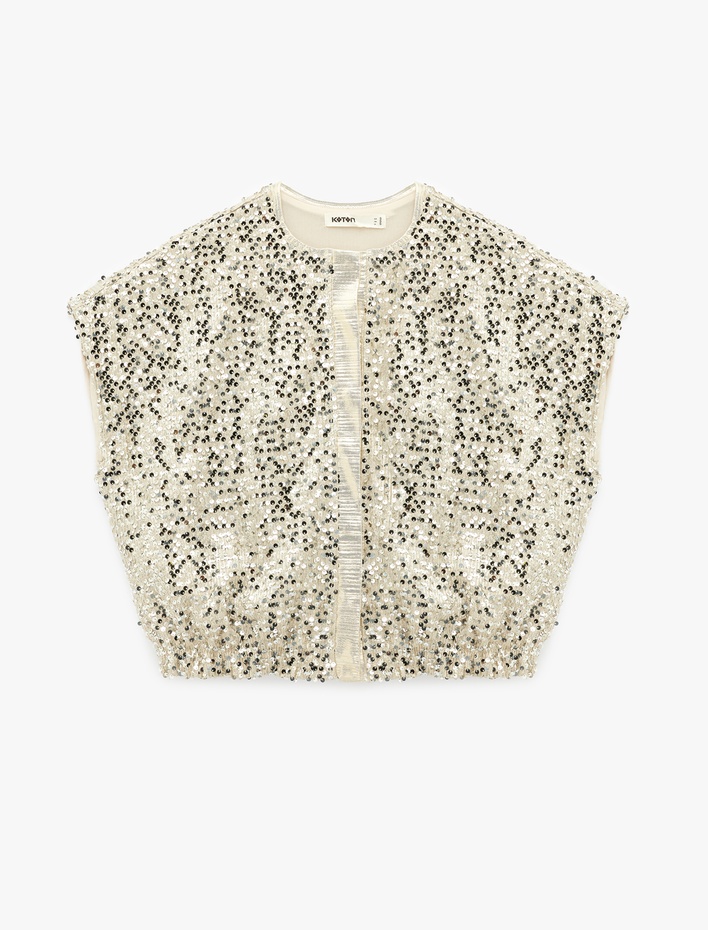  Yuvarlak Yaka Kolsuz Fermuarlı Pul Payetli Bomber Yelek