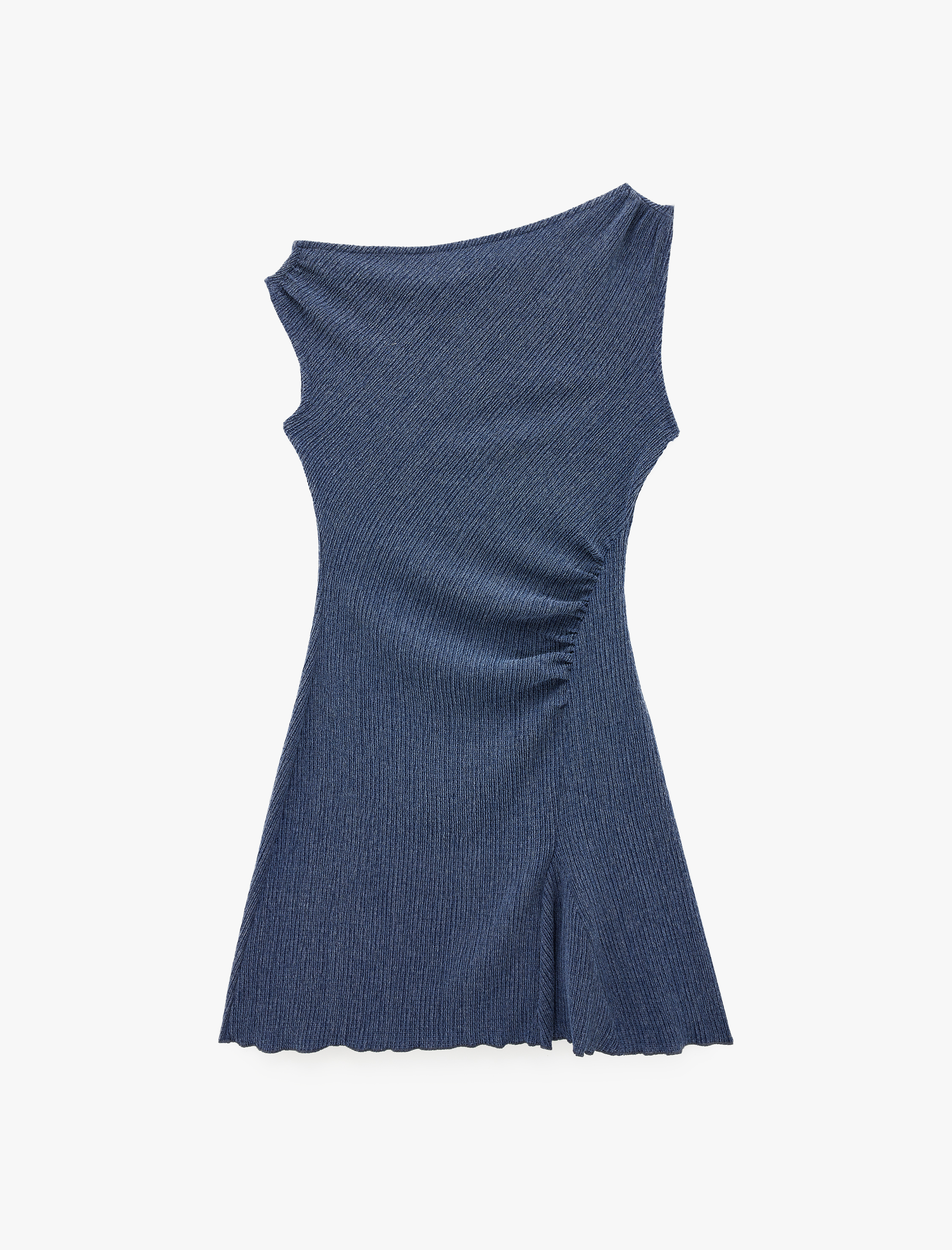   Bürümcük Kolsuz Kayık Yaka Büzgülü Asimetrik Mini Elbise