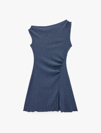 Bürümcük Kolsuz Kayık Yaka Büzgülü Asimetrik Mini Elbise