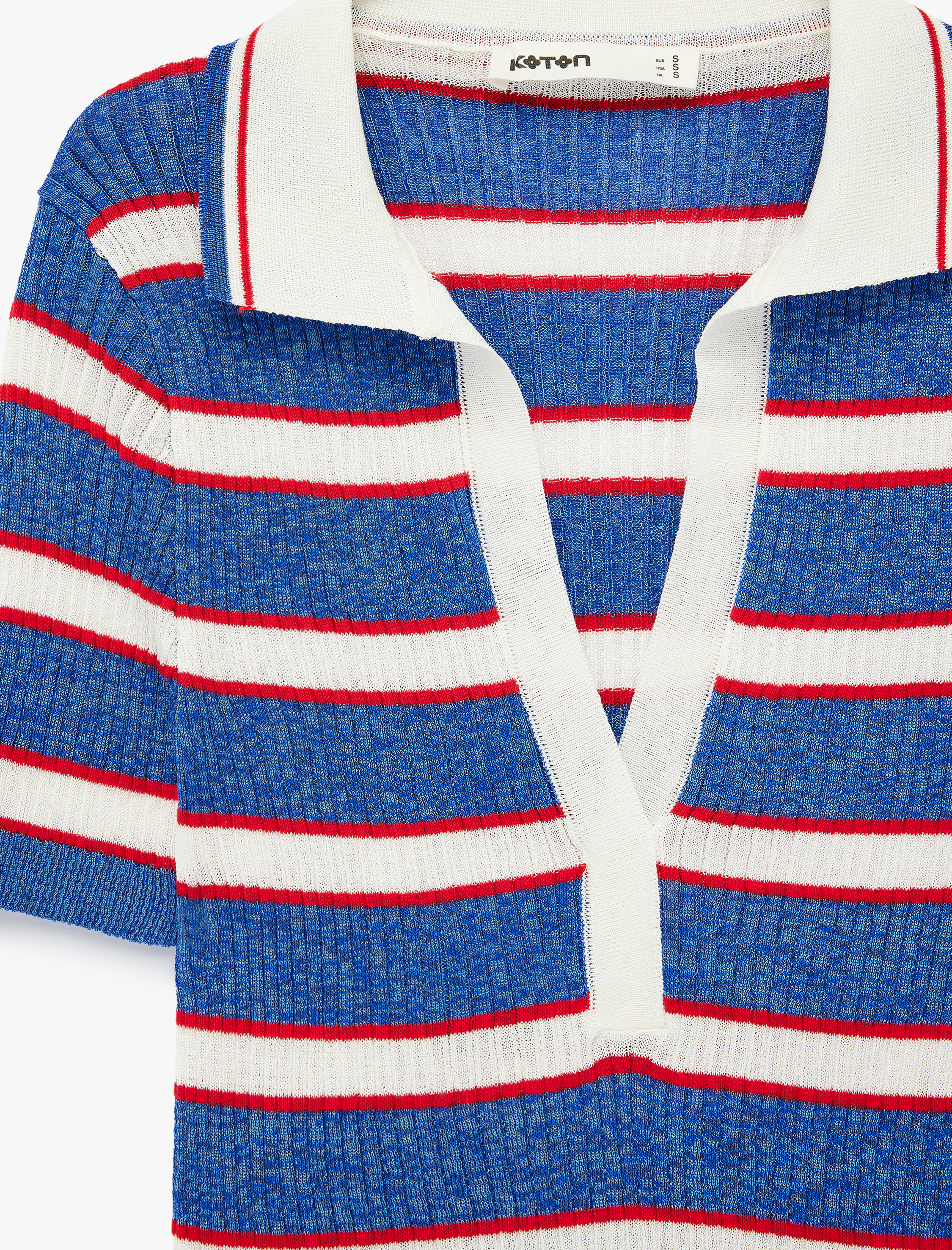   Viskon Karışımlı Rayon Kumaş Polo Yaka Kısa Kollu Çizgili Triko Kazak