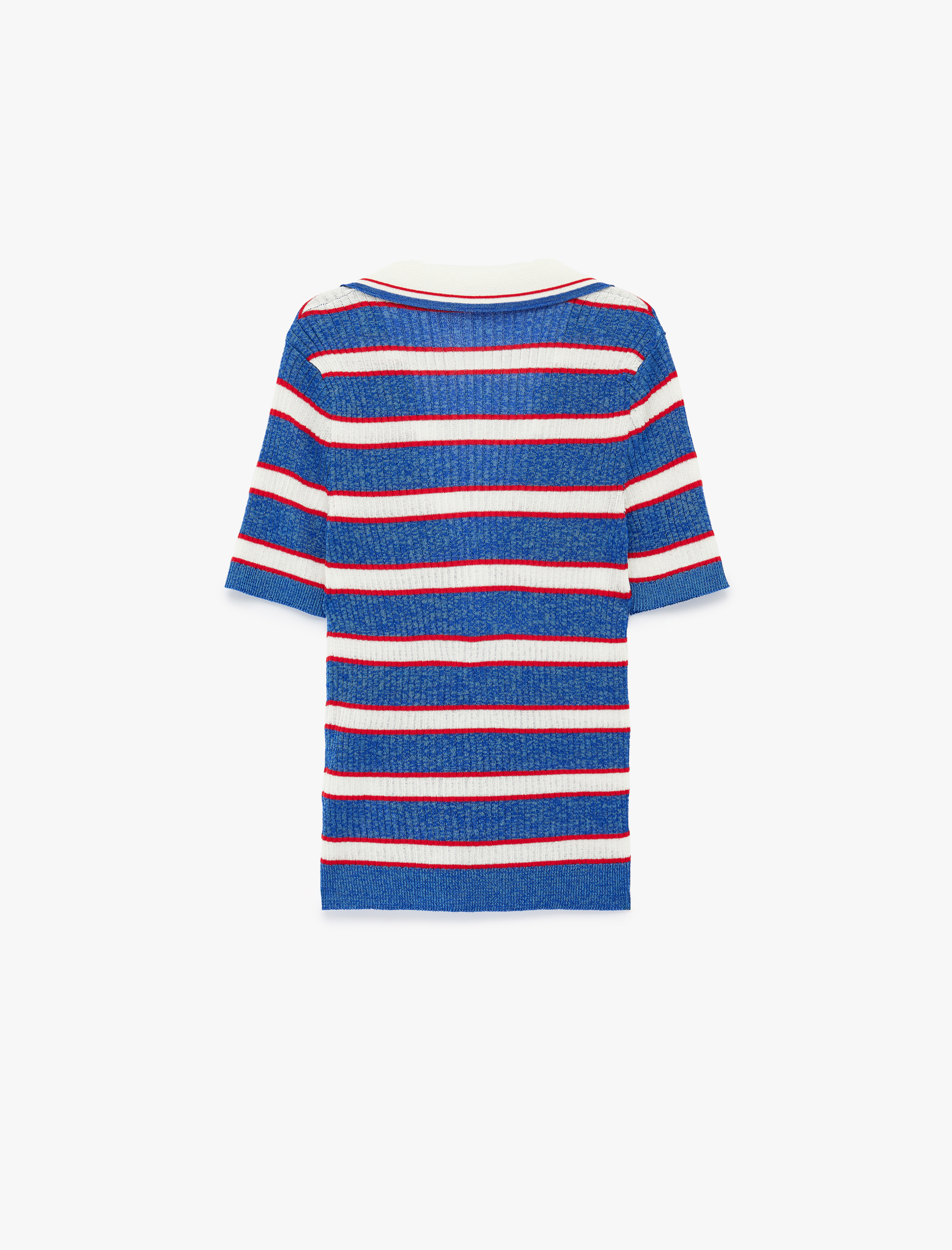   Viskon Karışımlı Rayon Kumaş Polo Yaka Kısa Kollu Çizgili Triko Kazak