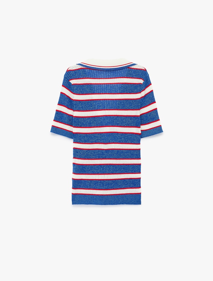  Viskon Karışımlı Rayon Kumaş Polo Yaka Kısa Kollu Çizgili Triko Kazak