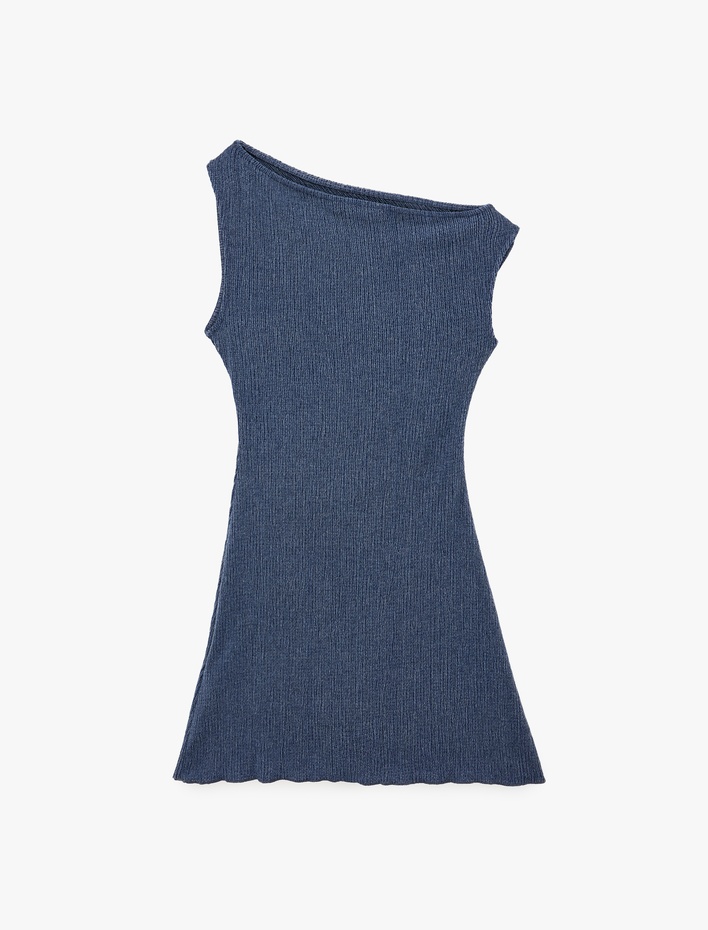  Bürümcük Kolsuz Kayık Yaka Büzgülü Asimetrik Mini Elbise