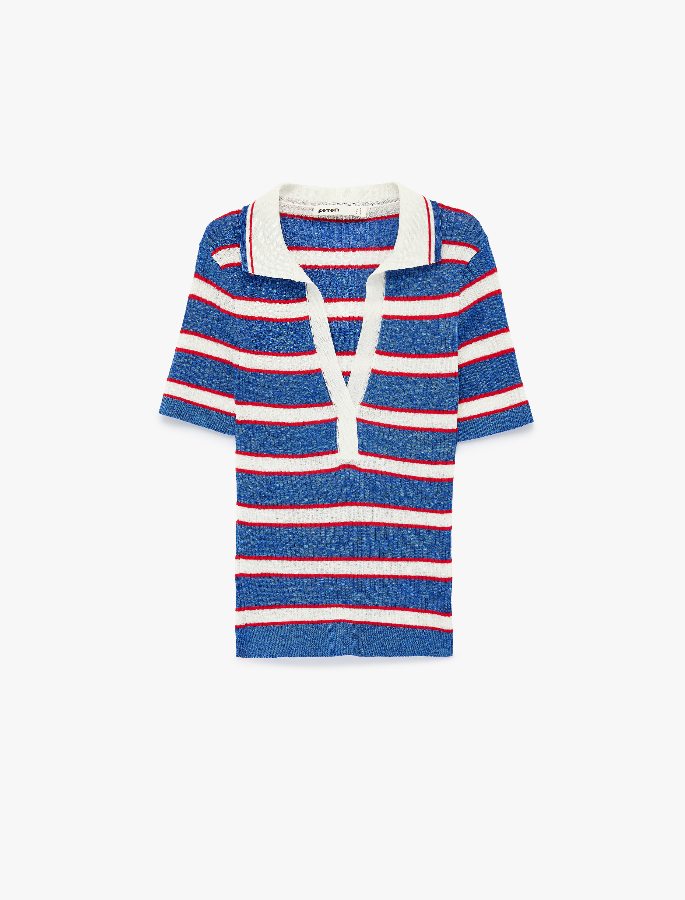   Viskon Karışımlı Rayon Kumaş Polo Yaka Kısa Kollu Çizgili Triko Kazak