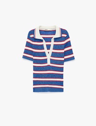 Viskon Karışımlı Rayon Kumaş Polo Yaka Kısa Kollu Çizgili Triko Kazak