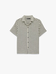 Regular Fit Kısa Kollu Düğmeli Pamuklu Devrik Yaka Çizgili Gömlek