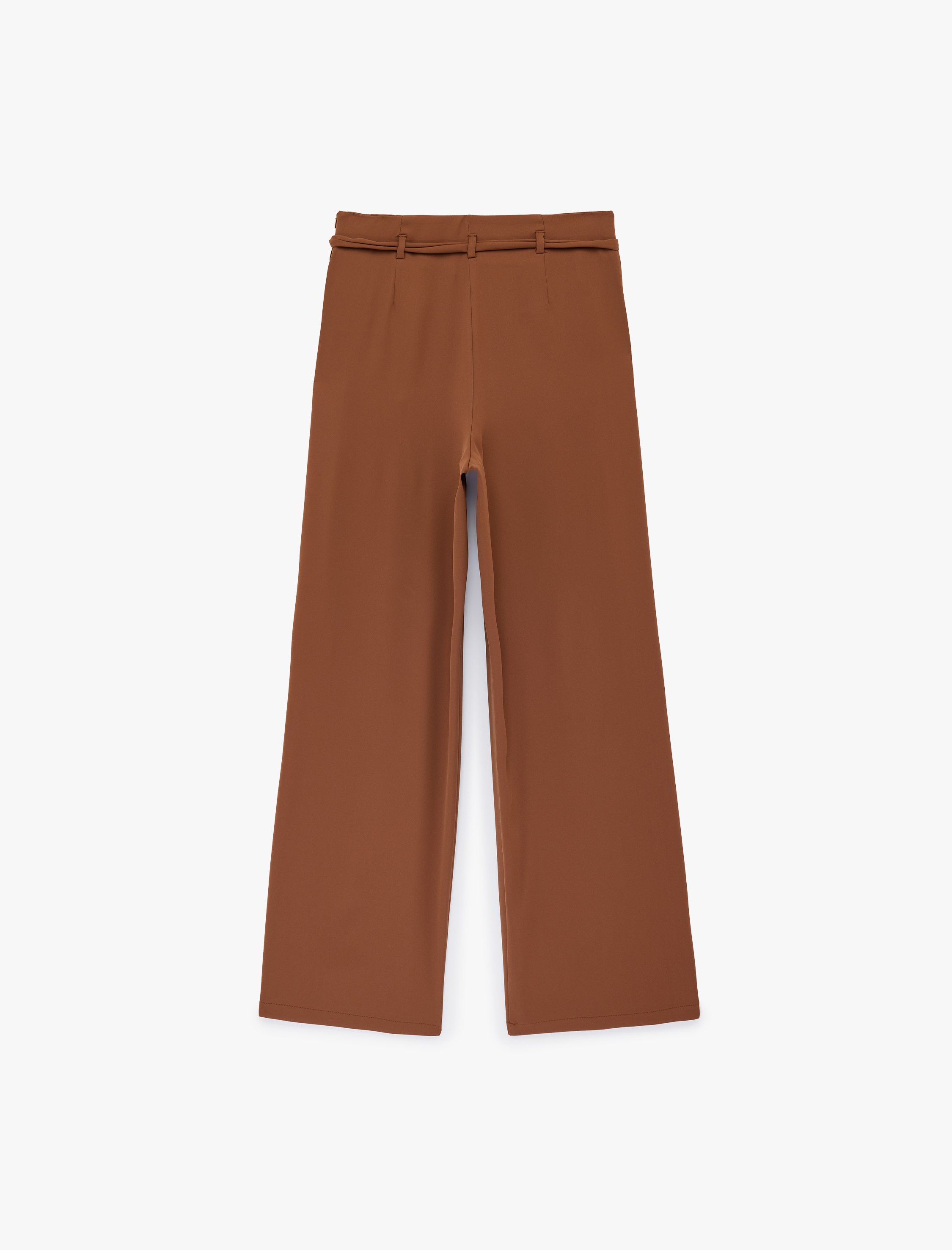   Pile Detaylı Cepli Kemerli Geniş Paça Saten Pantolon