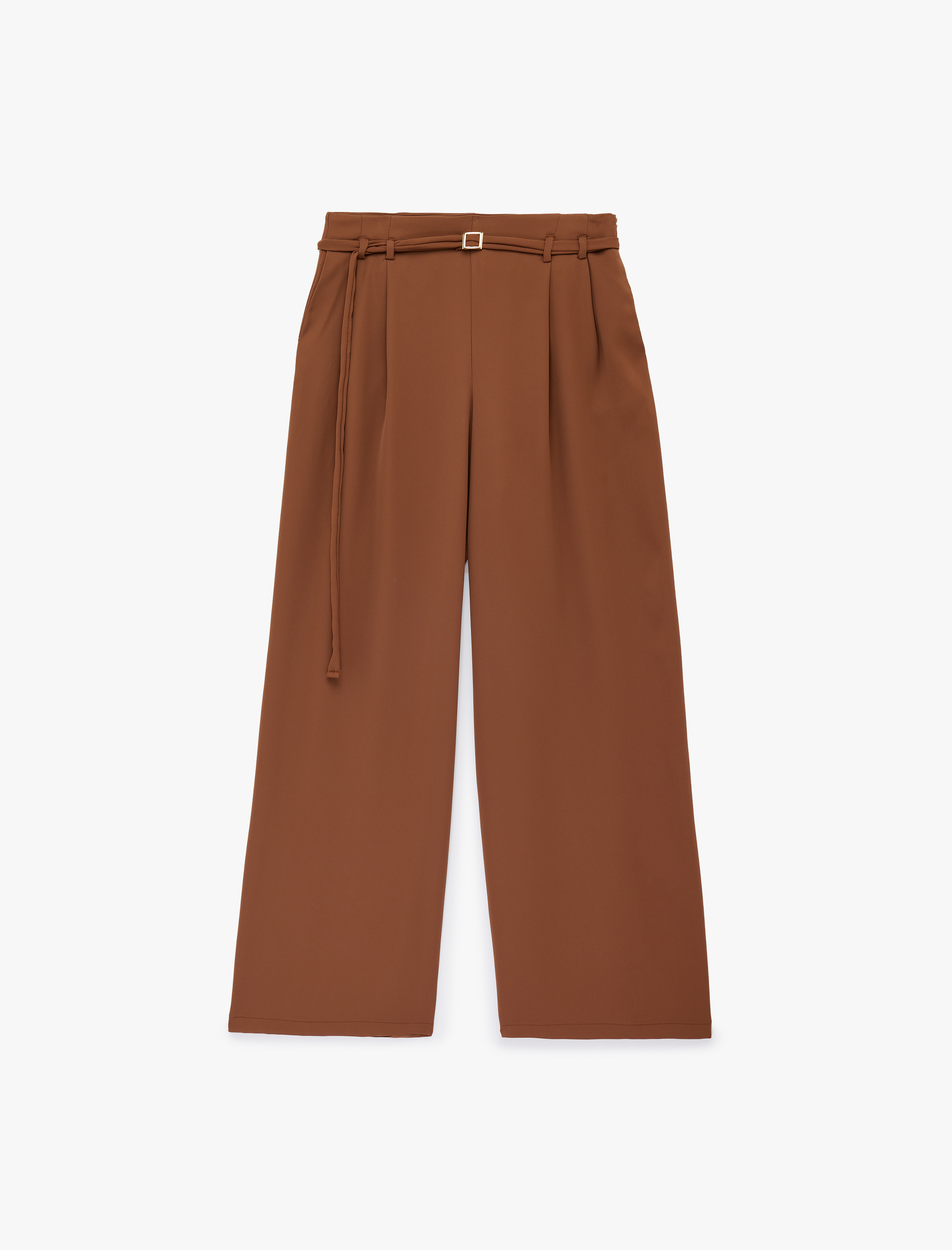   Pile Detaylı Cepli Kemerli Geniş Paça Saten Pantolon