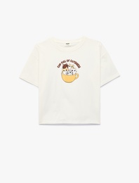 Kısa Kollu Bisiklet Yaka Pamuklu Kedi Baskılı Tişört