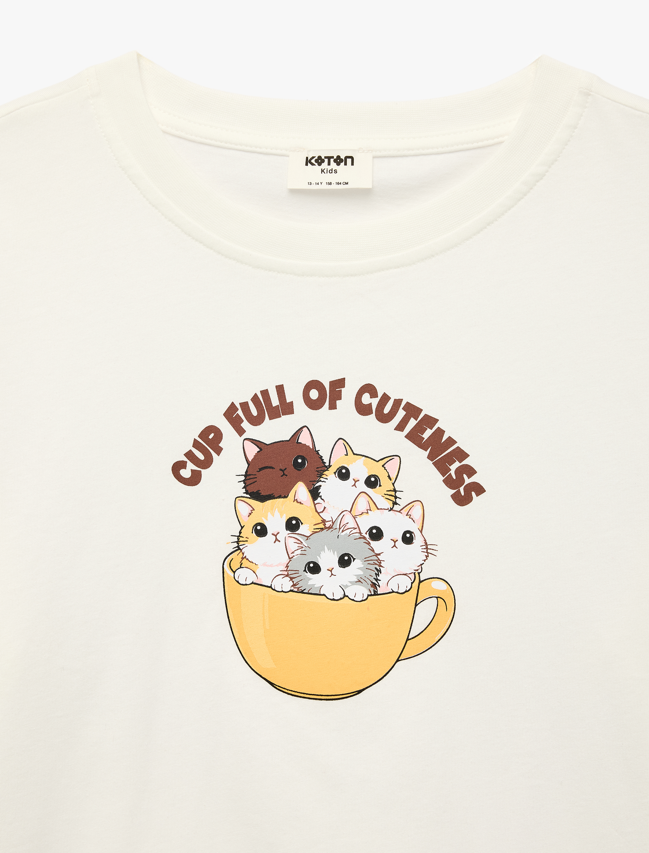  Kız Çocuk Kısa Kollu Bisiklet Yaka Pamuklu Kedi Baskılı Tişört
