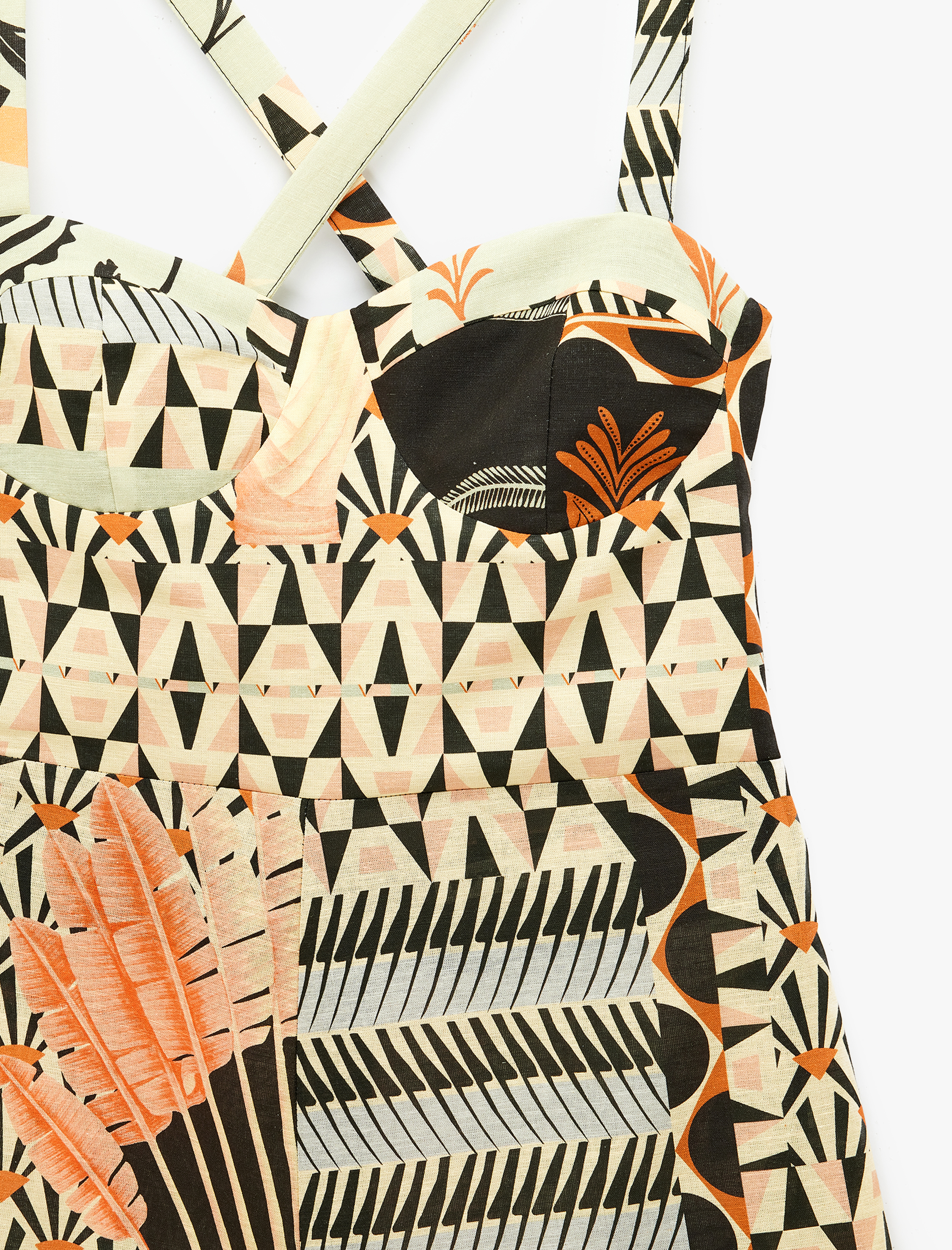   Keten Karışımlı Sırt Dekolteli Çapraz Askılı Uzun Çiçekli Elbise