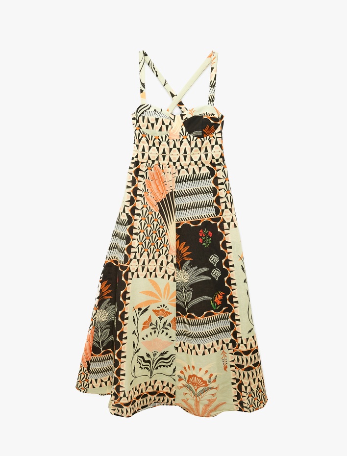  Keten Karışımlı Sırt Dekolteli Çapraz Askılı Uzun Çiçekli Elbise