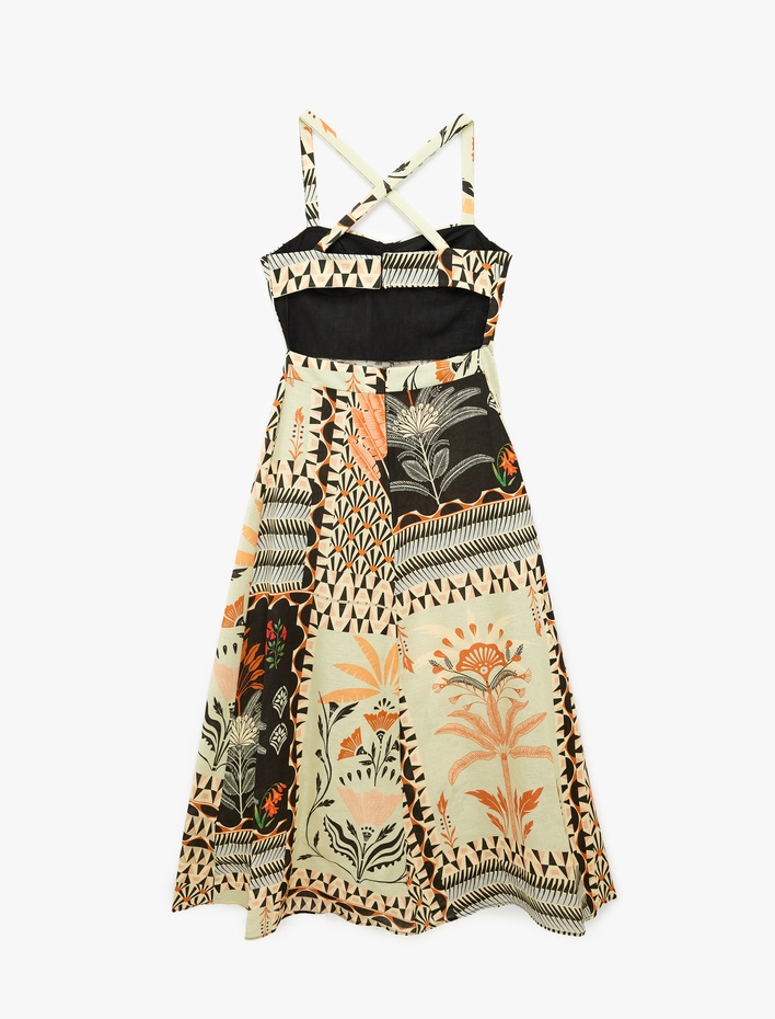  Keten Karışımlı Sırt Dekolteli Çapraz Askılı Uzun Çiçekli Elbise