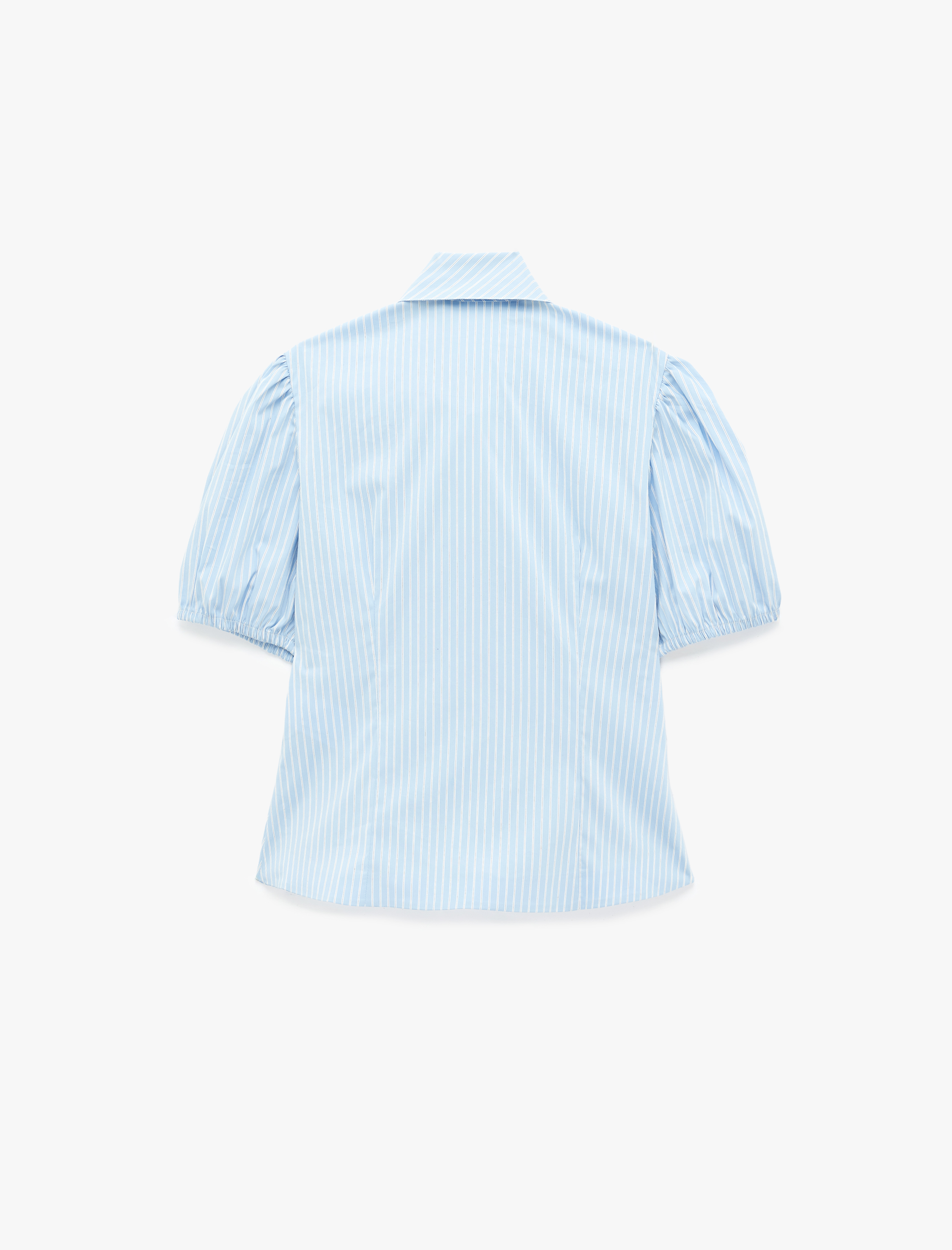   Pamuklu Kısa Balon Kollu Fular Yaka Poplin Çizgili Gömlek