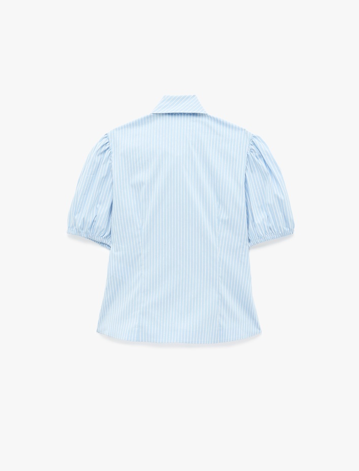  Pamuklu Kısa Balon Kollu Fular Yaka Poplin Çizgili Gömlek