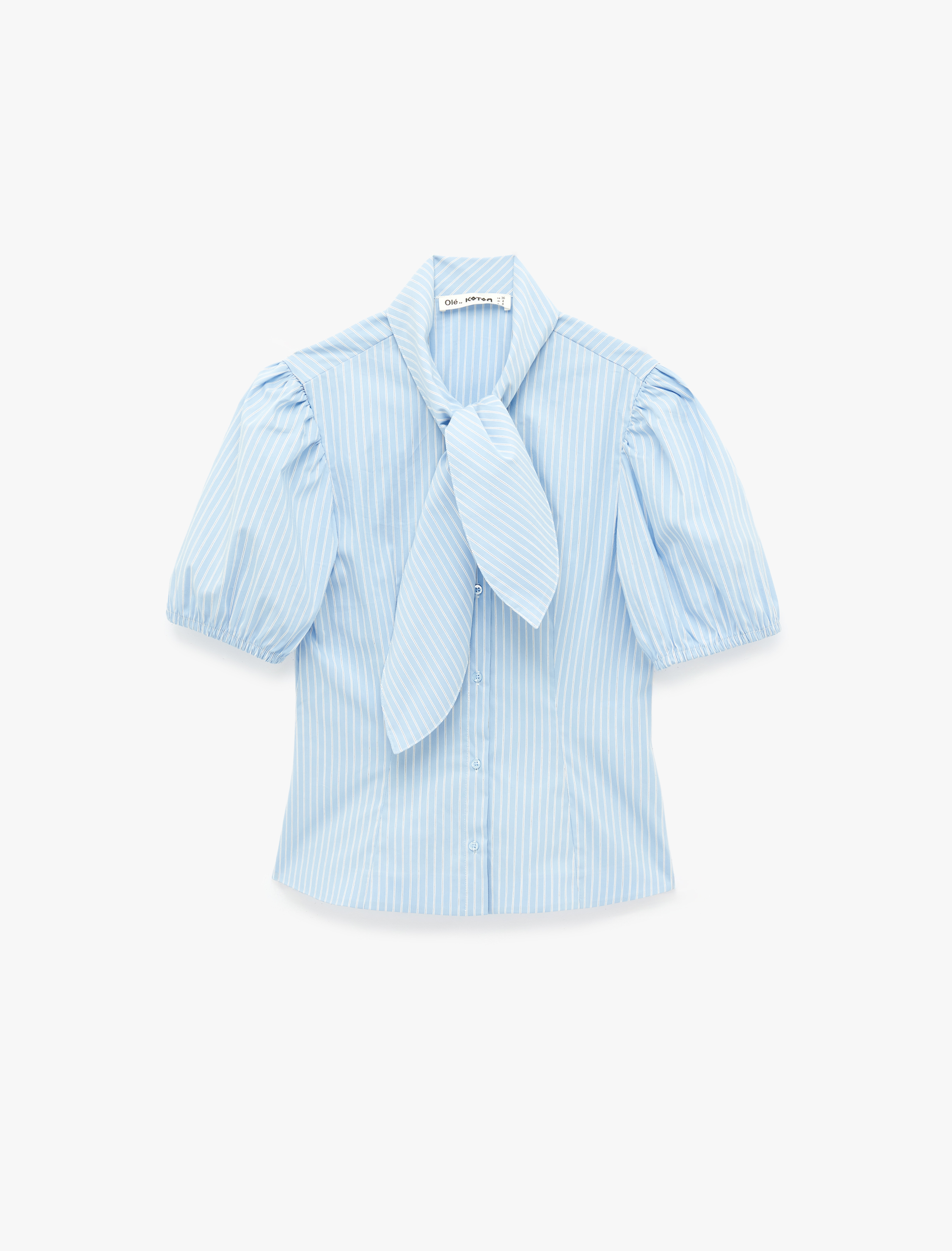   Pamuklu Kısa Balon Kollu Fular Yaka Poplin Çizgili Gömlek