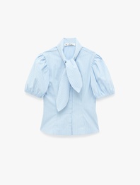 Pamuklu Kısa Balon Kollu Fular Yaka Poplin Çizgili Gömlek