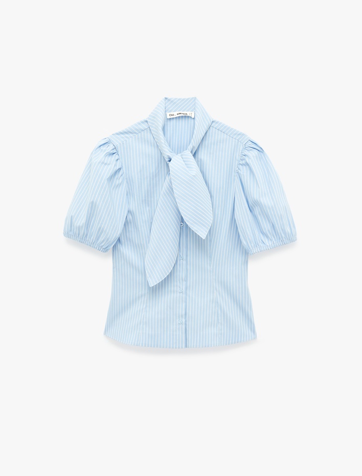  Pamuklu Kısa Balon Kollu Fular Yaka Poplin Çizgili Gömlek