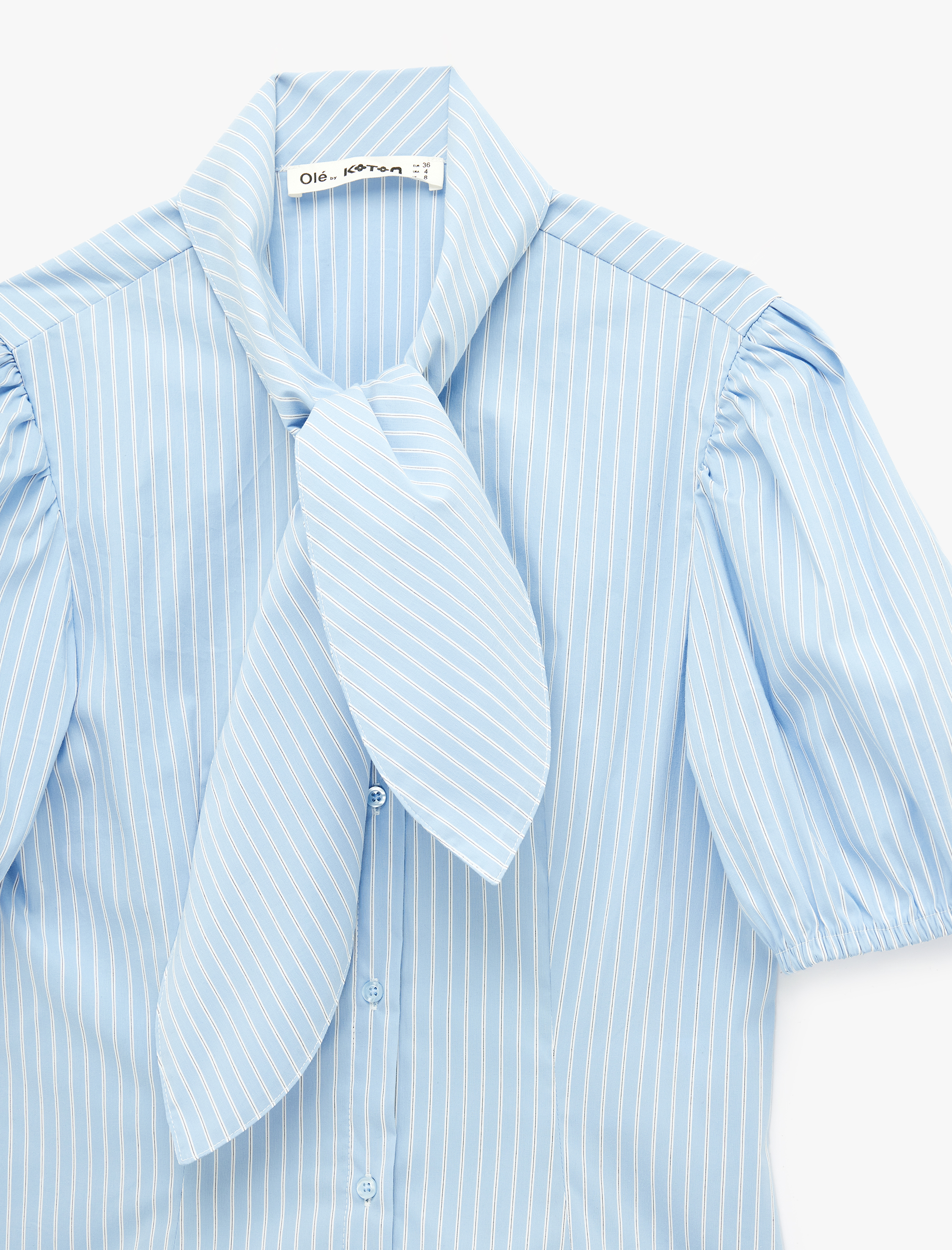   Pamuklu Kısa Balon Kollu Fular Yaka Poplin Çizgili Gömlek