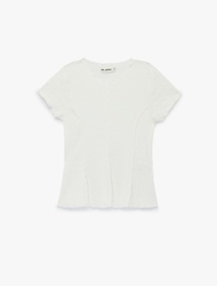 Nervürlü Kısa Kollu Bisiklet Yaka Bürümcük Slim Fit Bluz