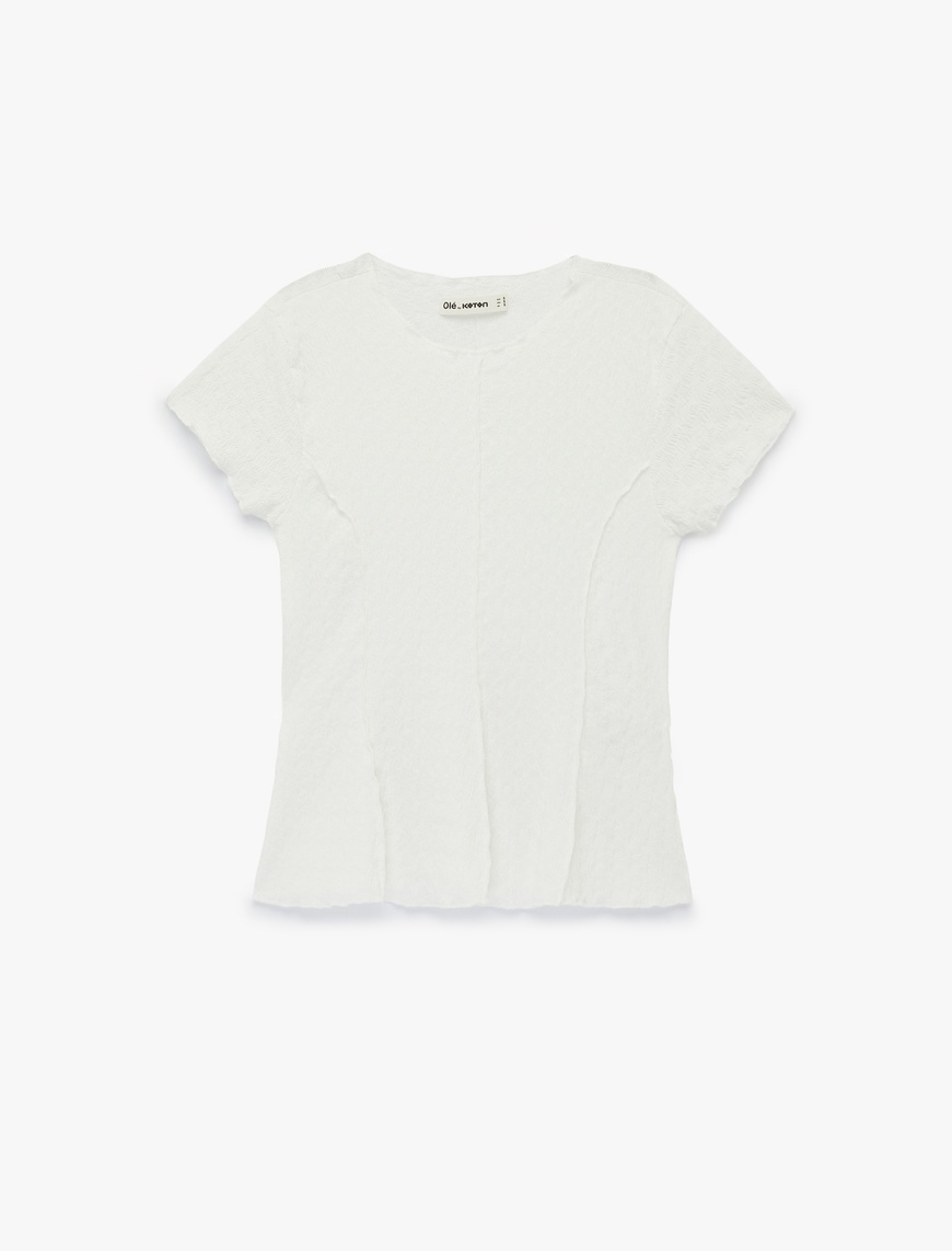 トップス c... Ekru Nervürlü Kısa Kollu Bisiklet Yaka Bürümcük Slim Fit Bluz