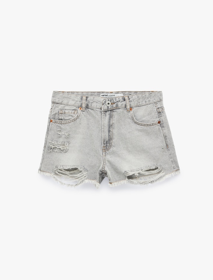  Pamuklu Rahat Kalıp Yıpratma Detaylı Mini Denim Şort