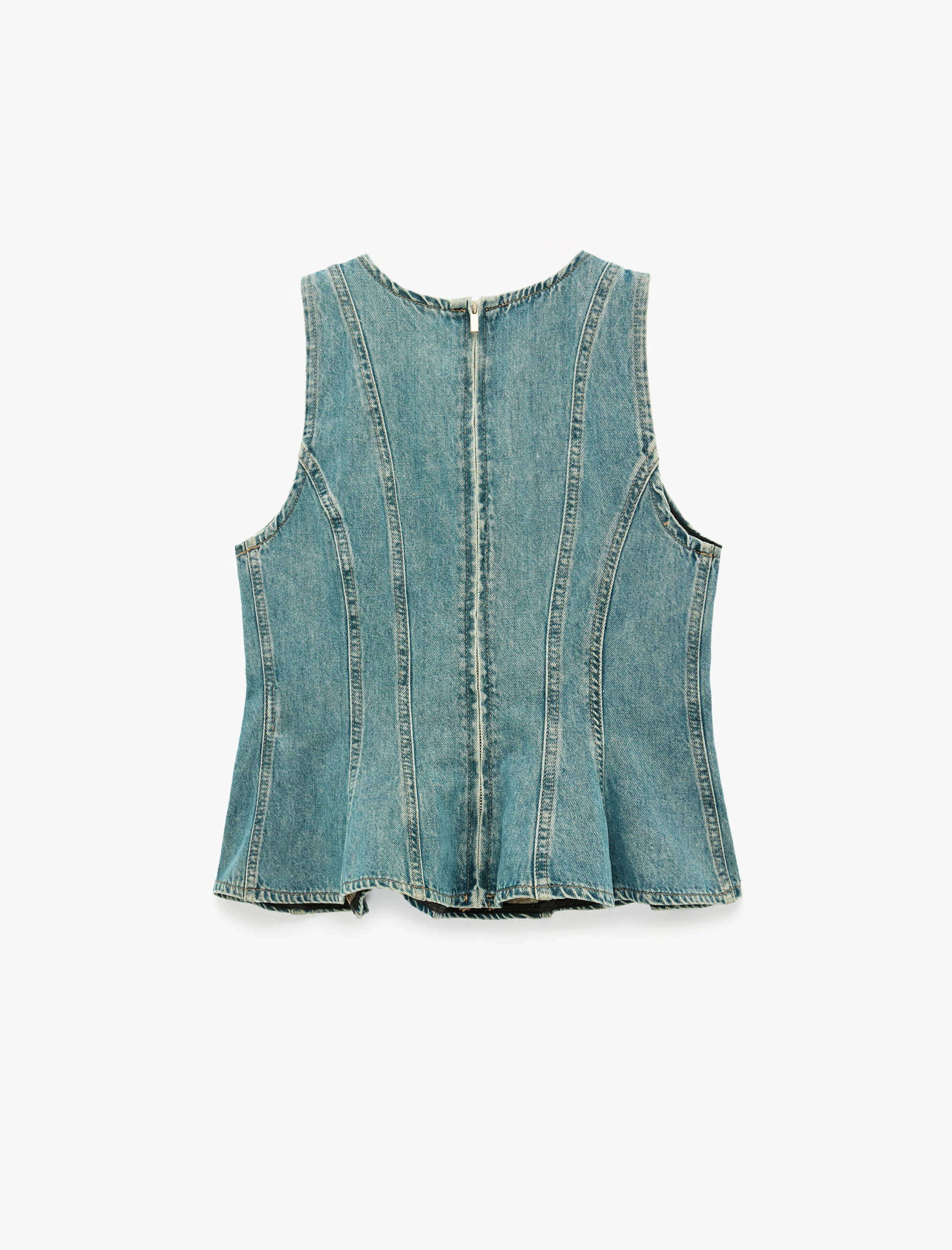   Pamuklu Bisiklet Yaka Fermuarlı Nervürlü Kolsuz Denim Bluz