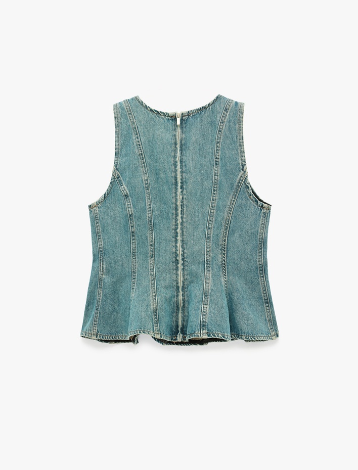  Pamuklu Bisiklet Yaka Fermuarlı Nervürlü Kolsuz Denim Bluz