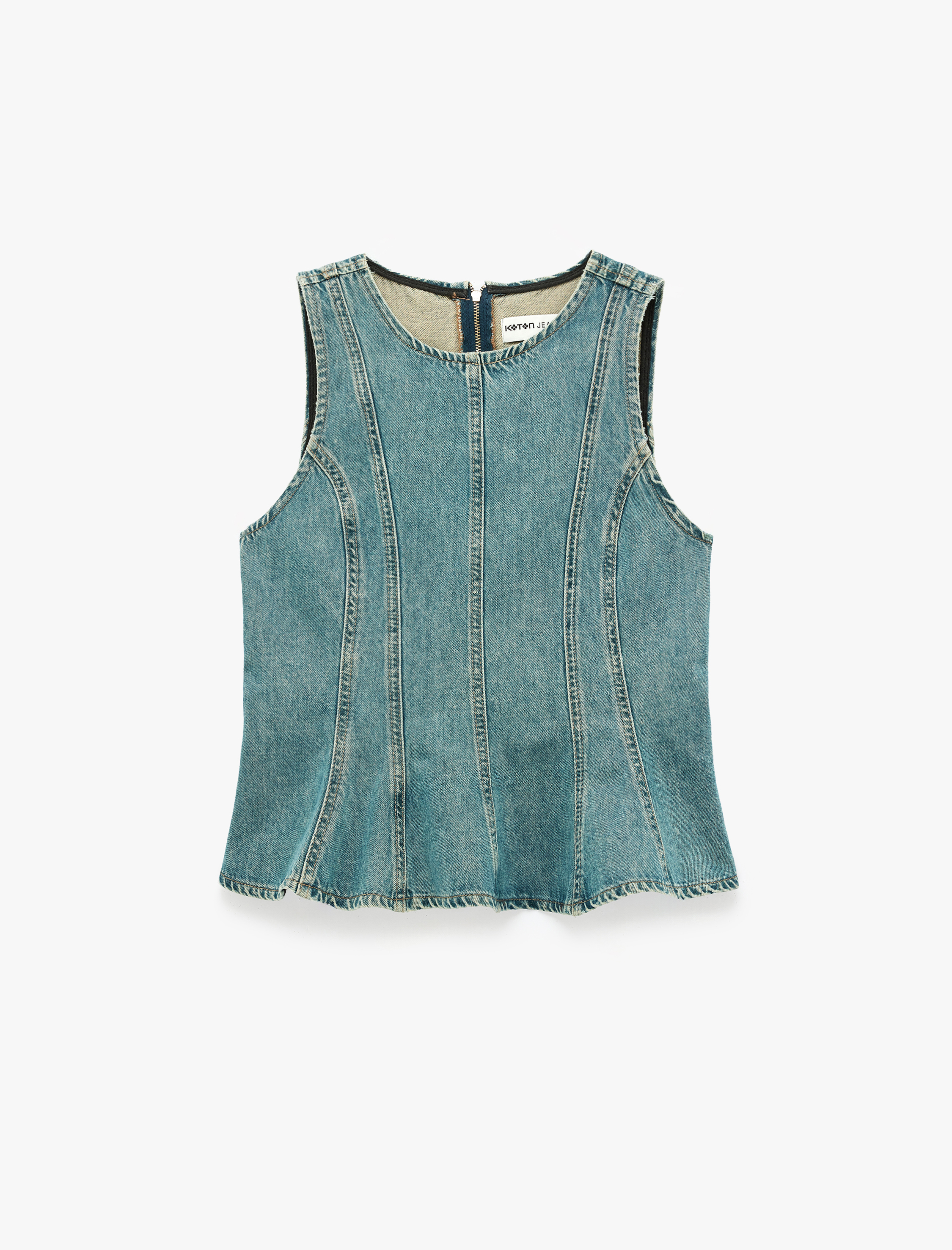   Pamuklu Bisiklet Yaka Fermuarlı Nervürlü Kolsuz Denim Bluz