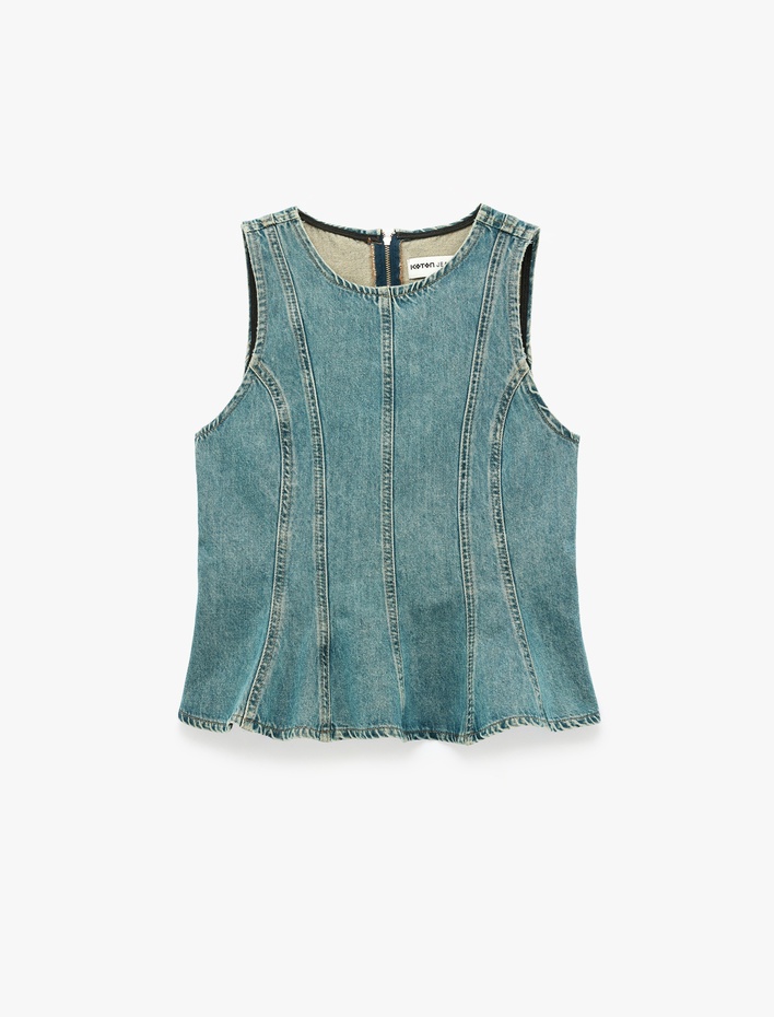  Pamuklu Bisiklet Yaka Fermuarlı Nervürlü Kolsuz Denim Bluz