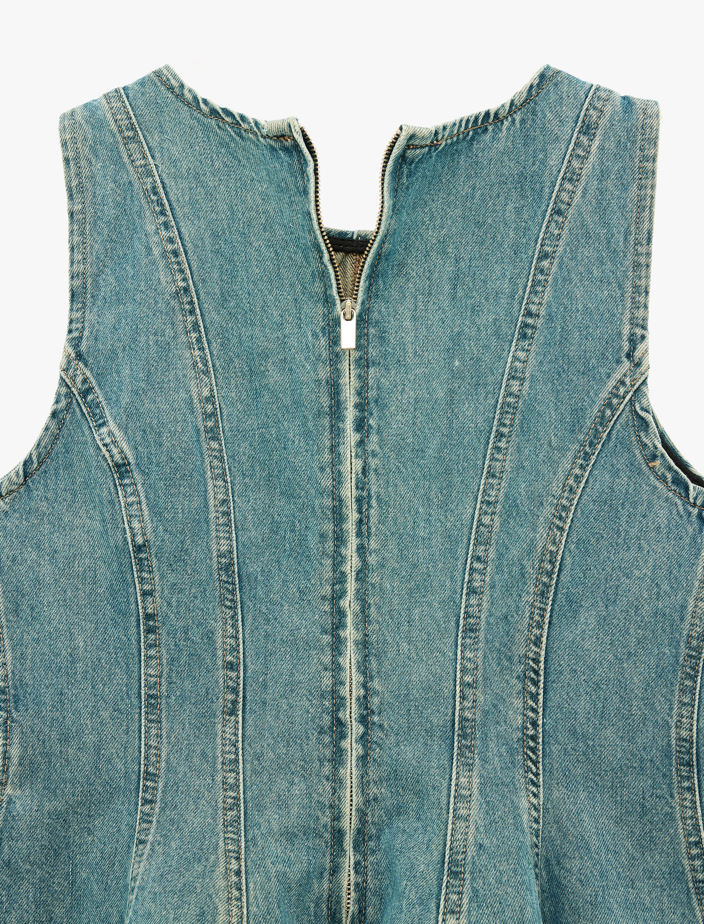   Pamuklu Bisiklet Yaka Fermuarlı Nervürlü Kolsuz Denim Bluz