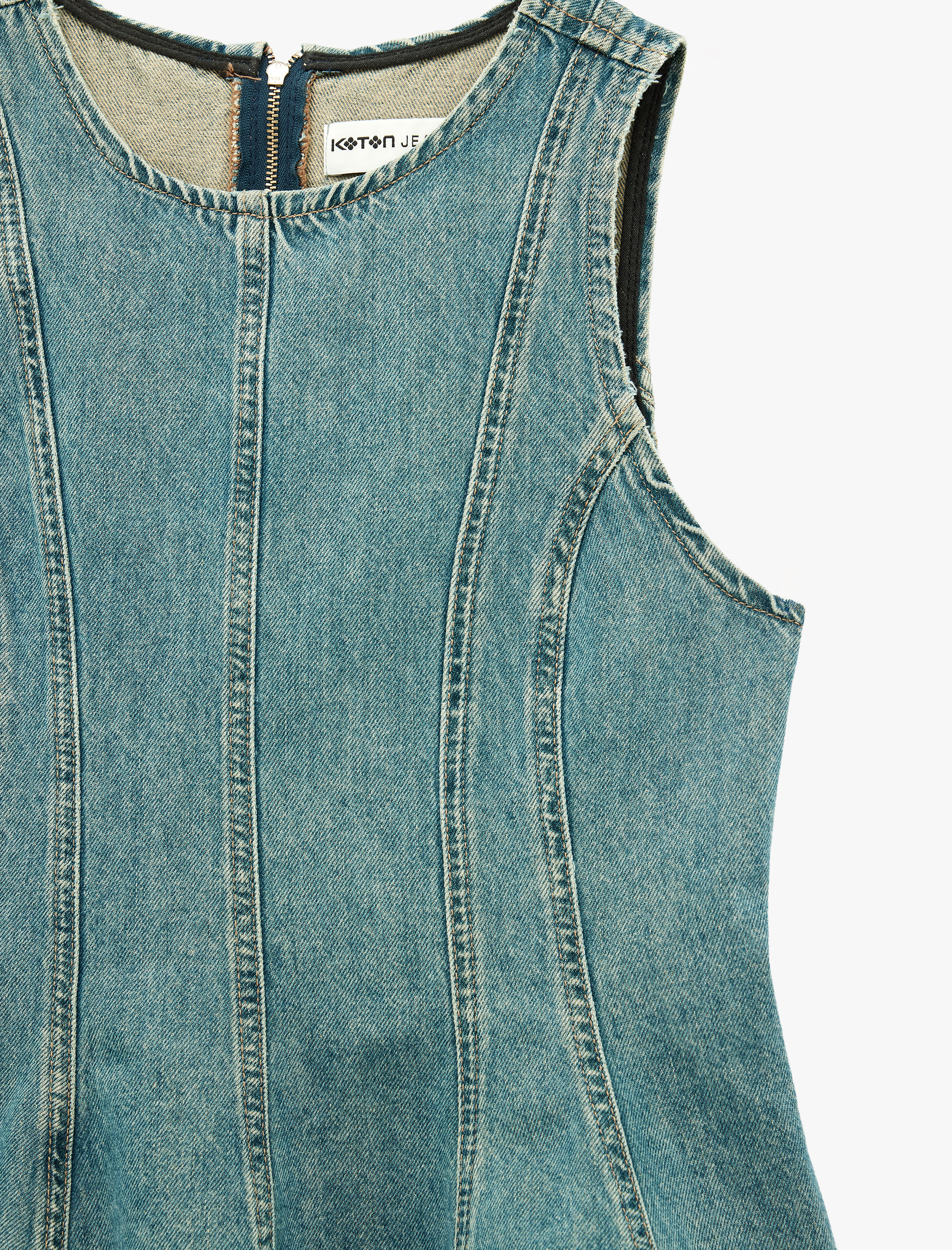   Pamuklu Bisiklet Yaka Fermuarlı Nervürlü Kolsuz Denim Bluz