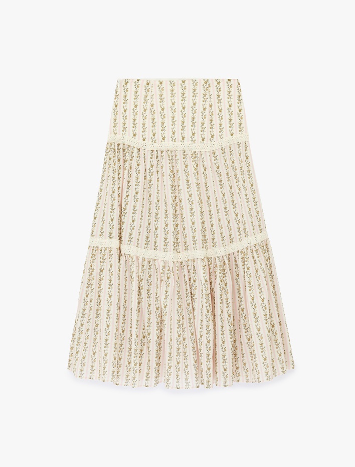  Pamuklu Dantel Detaylı Çan Kesim Kat Kat Midi Boy Çiçekli Etek