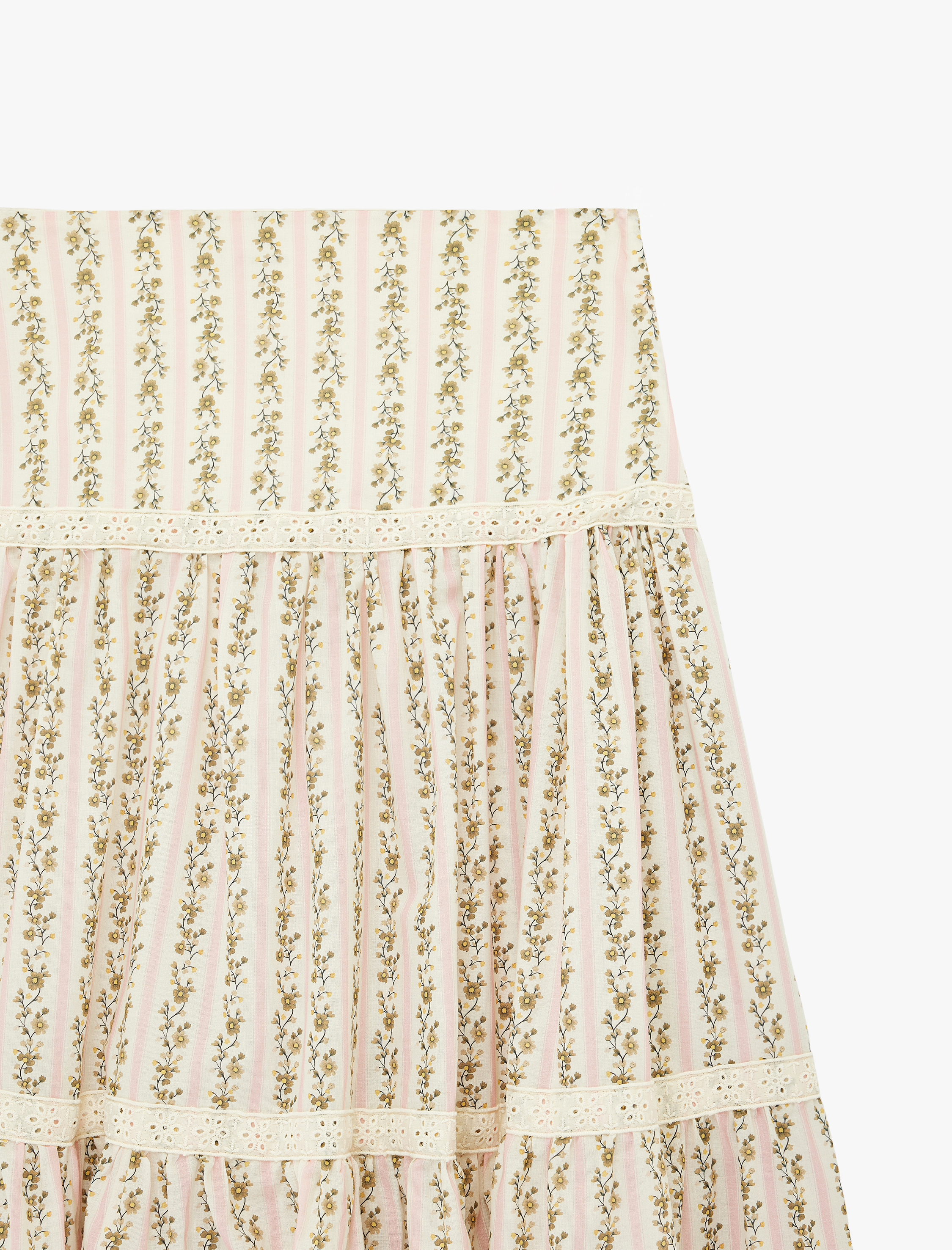   Pamuklu Dantel Detaylı Çan Kesim Kat Kat Midi Boy Çiçekli Etek