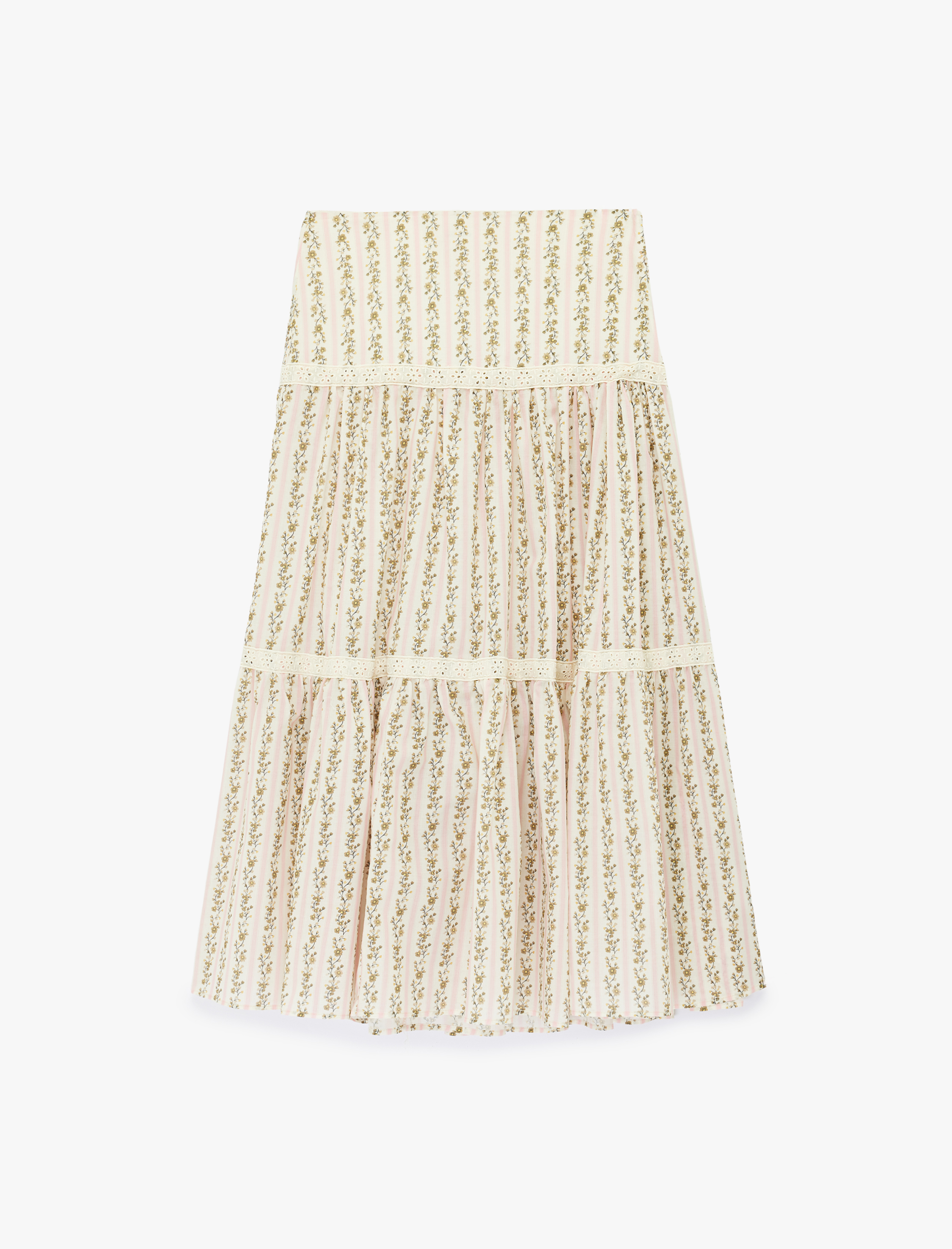   Pamuklu Dantel Detaylı Çan Kesim Kat Kat Midi Boy Çiçekli Etek