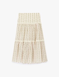 Pamuklu Dantel Detaylı Çan Kesim Kat Kat Midi Boy Çiçekli Etek